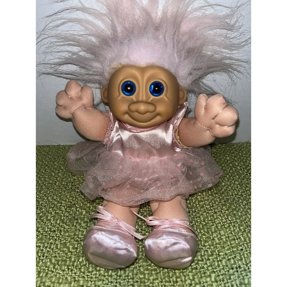 Vintage Russ 80s Troll Doll Ballerina Pink Fishnet Tutu Dress Pink Hair Blue Eye